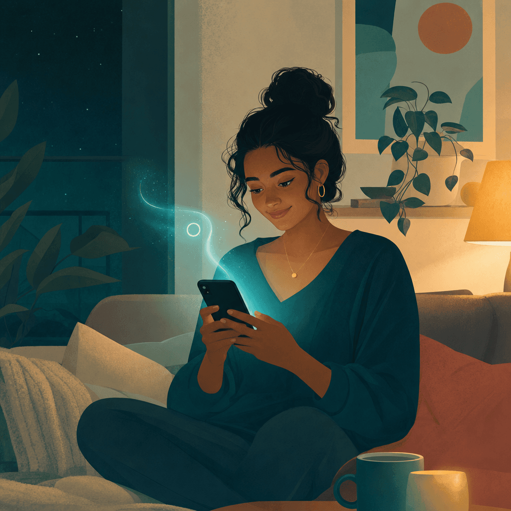A person calmly resolving a bill late at night, no longer dreading it
