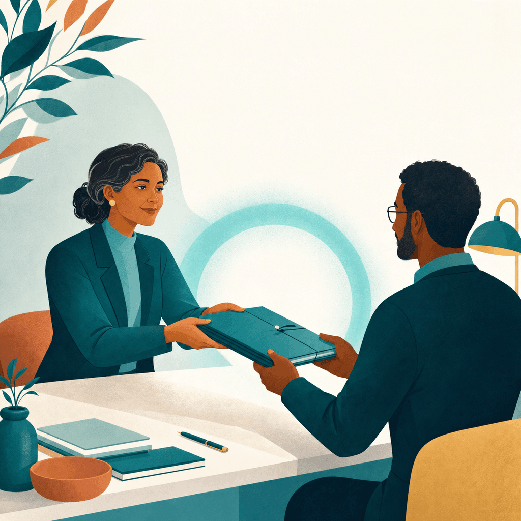 A collections leader calmly handing a clean, sealed ledger to a reviewer — nothing to hide, everything in order